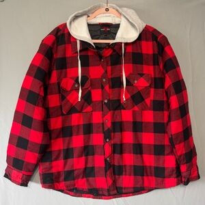 Mens Red Black Buffalo Plaid Hooded Shirt Jacket Size 1X Cabincore Hiking Fall